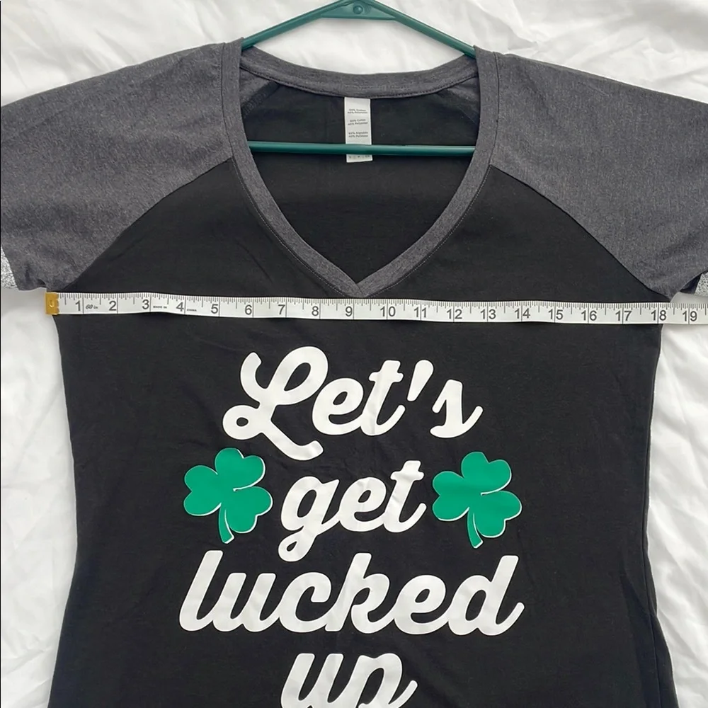Black and Gray St Paddy’s St Patrick’s Tee “Let’s get lucked up” green shamrocks - Picture 3 of 5